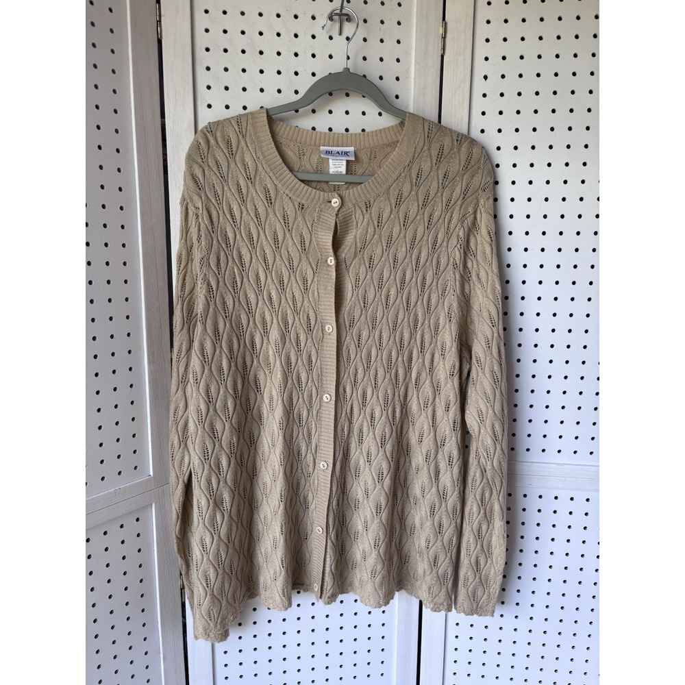 Blair Lightweight Button Cardigan Acrylic Beige Tan Open Knit Women's XL Sweater